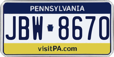 PA license plate JBW8670