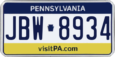 PA license plate JBW8934