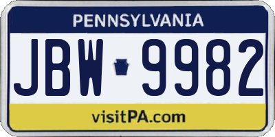 PA license plate JBW9982