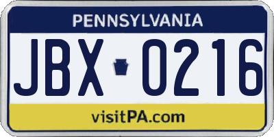 PA license plate JBX0216