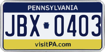 PA license plate JBX0403
