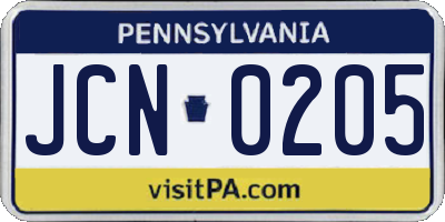 PA license plate JCN0205