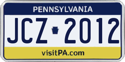 PA license plate JCZ2012