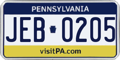 PA license plate JEB0205