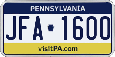 PA license plate JFA1600