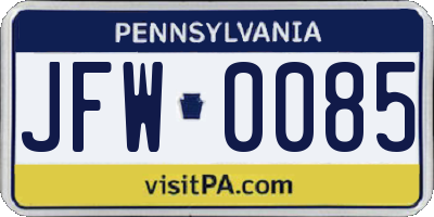 PA license plate JFW0085
