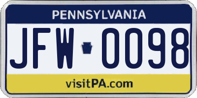 PA license plate JFW0098