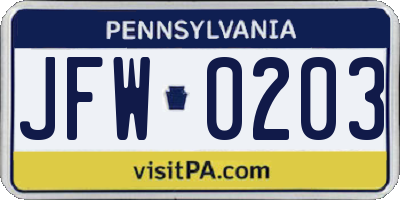 PA license plate JFW0203
