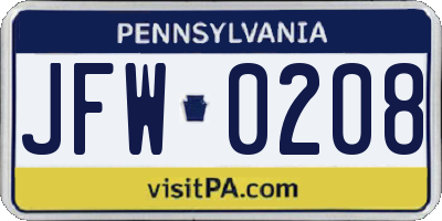 PA license plate JFW0208