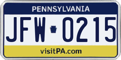 PA license plate JFW0215