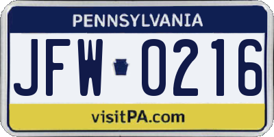 PA license plate JFW0216