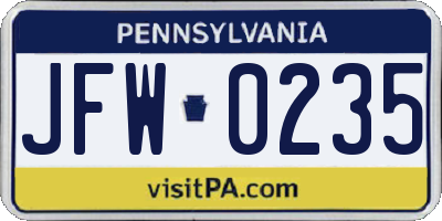 PA license plate JFW0235