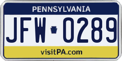 PA license plate JFW0289