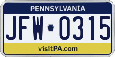 PA license plate JFW0315