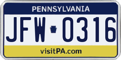 PA license plate JFW0316