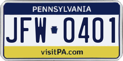 PA license plate JFW0401