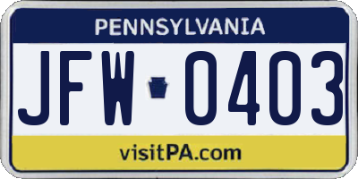 PA license plate JFW0403