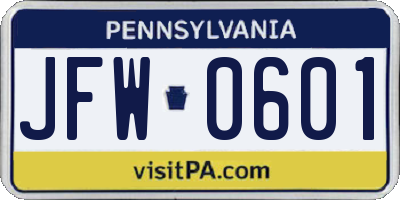 PA license plate JFW0601