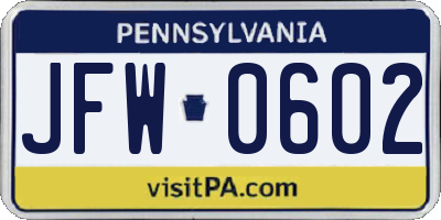 PA license plate JFW0602