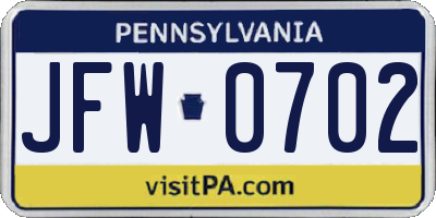 PA license plate JFW0702
