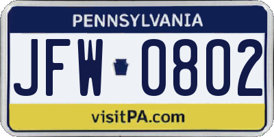 PA license plate JFW0802