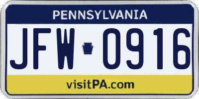 PA license plate JFW0916