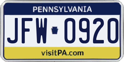 PA license plate JFW0920