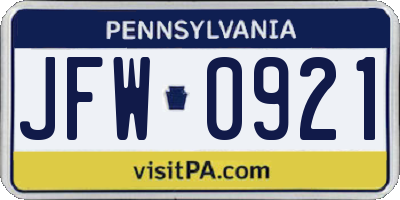 PA license plate JFW0921