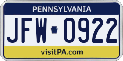 PA license plate JFW0922