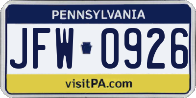 PA license plate JFW0926