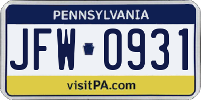 PA license plate JFW0931