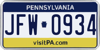 PA license plate JFW0934