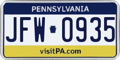 PA license plate JFW0935