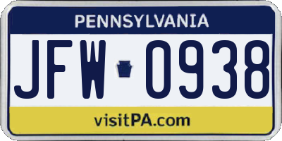 PA license plate JFW0938