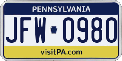PA license plate JFW0980