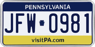 PA license plate JFW0981