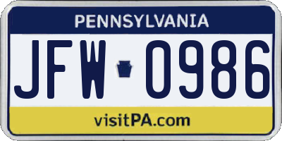 PA license plate JFW0986