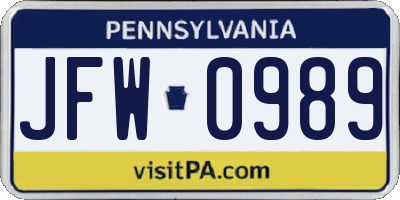 PA license plate JFW0989