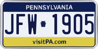 PA license plate JFW1905