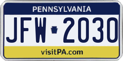 PA license plate JFW2030