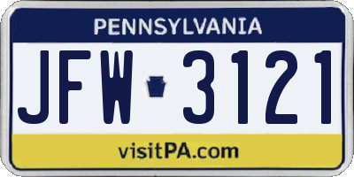PA license plate JFW3121