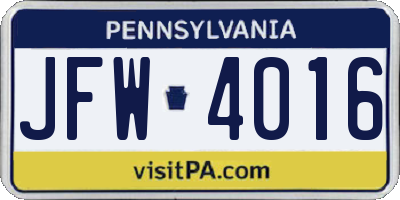 PA license plate JFW4016