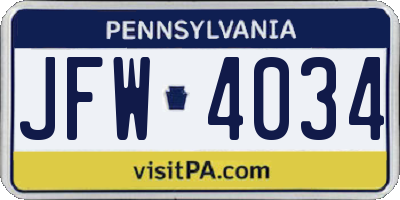 PA license plate JFW4034
