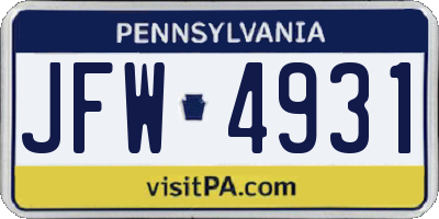 PA license plate JFW4931