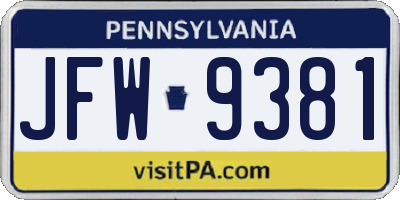 PA license plate JFW9381