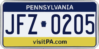 PA license plate JFZ0205