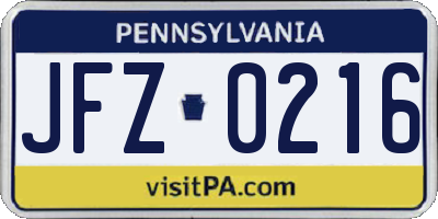 PA license plate JFZ0216