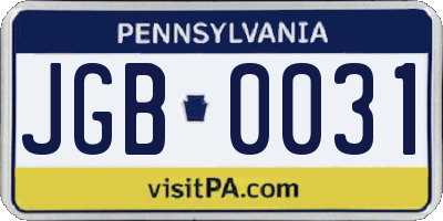 PA license plate JGB0031