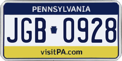 PA license plate JGB0928