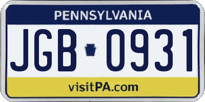 PA license plate JGB0931